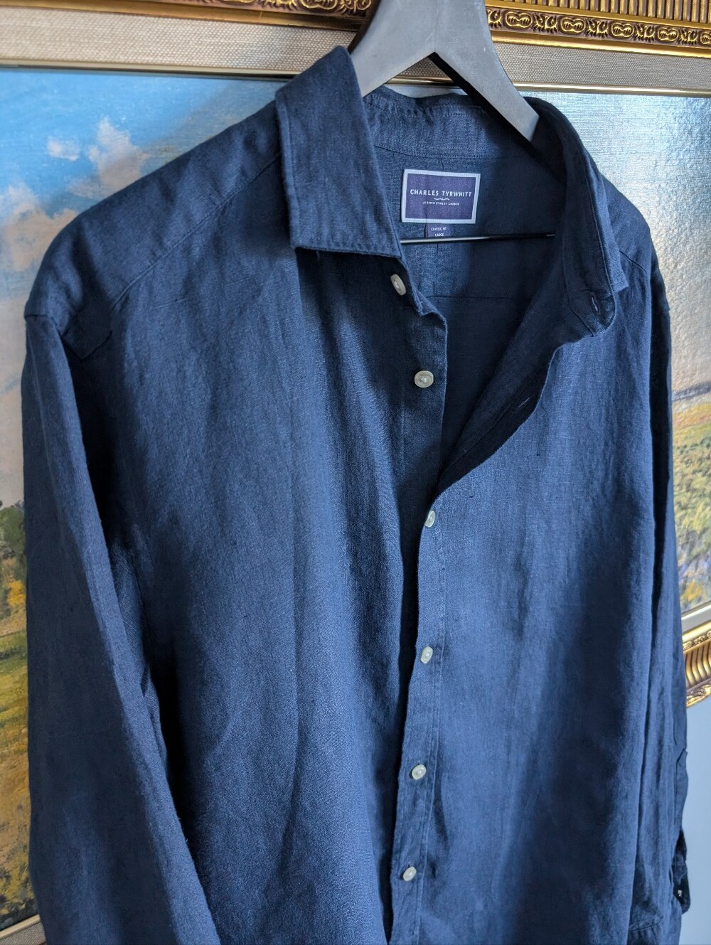 Charles Tyrwhitt Navy Blue Linen Button-Down Shirt